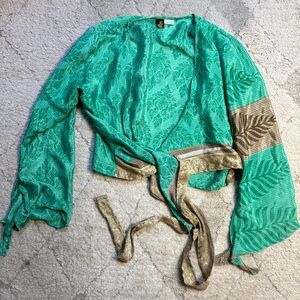 Silk Blend Indian Kimono Vacation Boho Blouse turquoise